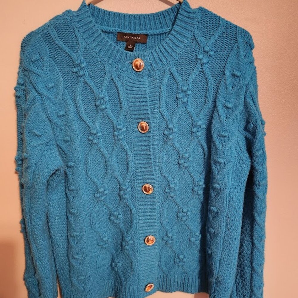 Ann Taylor Teal Cable and Bobble Round Neck Cardigan Size Medium